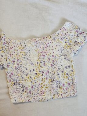 Japna White Smocked Floral Crop Top with Pink & Purple Accents